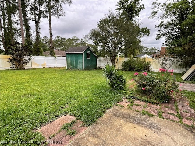 view of yard featuring a storage shed and an outdoor structure