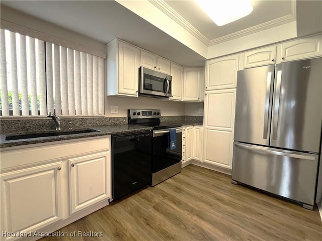 kitchen featuring a raised ceiling, appliances with stainless steel finishes, ornamental molding, a sink, and wood finished floors