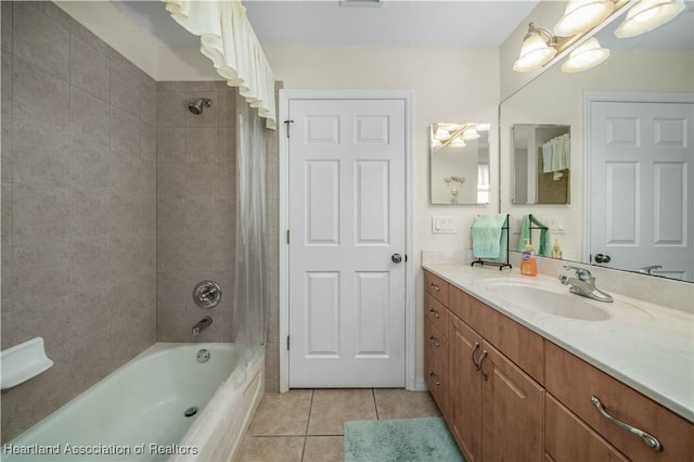 full bath featuring shower / bath combination with curtain, tile patterned flooring, and vanity