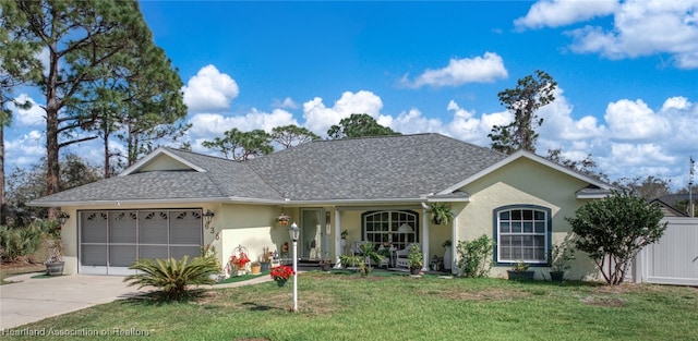 single story home with driveway, roof with shingles, an attached garage, a front lawn, and stucco siding