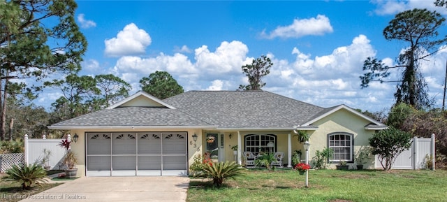 single story home featuring an attached garage, a shingled roof, fence, concrete driveway, and a front yard