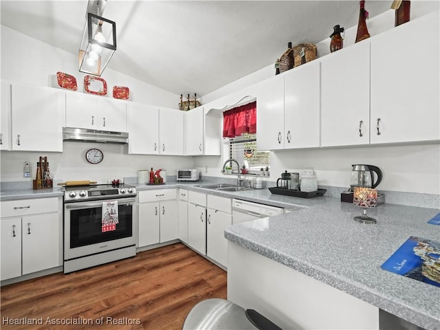 kitchen with sink, white cabinets, and stainless steel range with electric stovetop