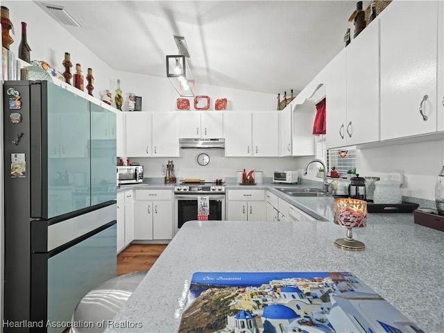 kitchen featuring white cabinets, light stone counters, sink, and stainless steel appliances