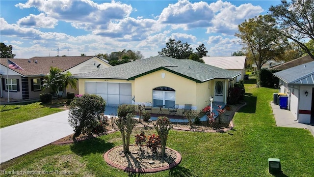 single story home featuring roof with shingles, stucco siding, an attached garage, a front yard, and driveway