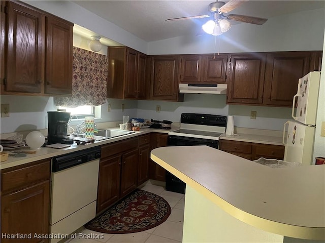 16 Notre Dame St, Lake Placid, FL 33852 - kitchen with white appliances, ceiling fan, light countertops, under cabinet range hood, and light tile patterned floors