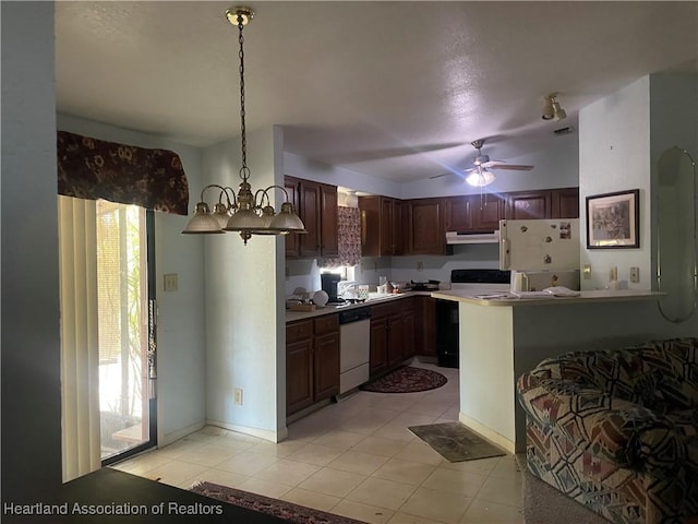 16 Notre Dame St, Lake Placid, FL 33852 - kitchen with freestanding refrigerator, under cabinet range hood, ceiling fan with notable chandelier, dishwasher, and range with electric cooktop