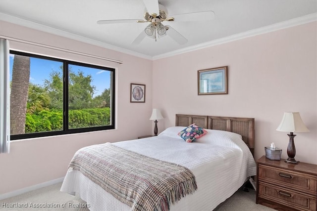 bedroom featuring multiple windows, light colored carpet, ceiling fan, and crown molding