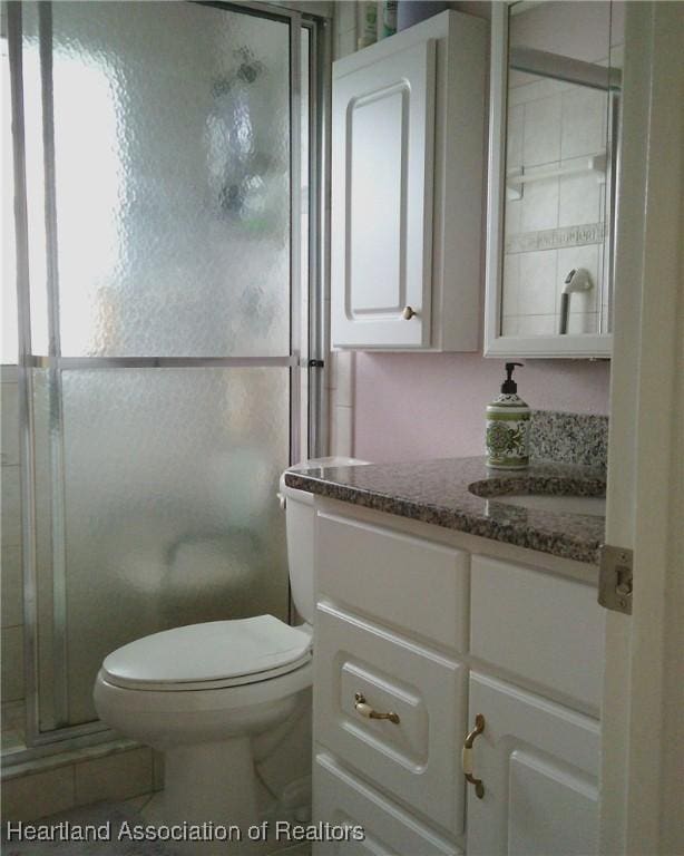 full bathroom featuring toilet, vanity, and a shower stall