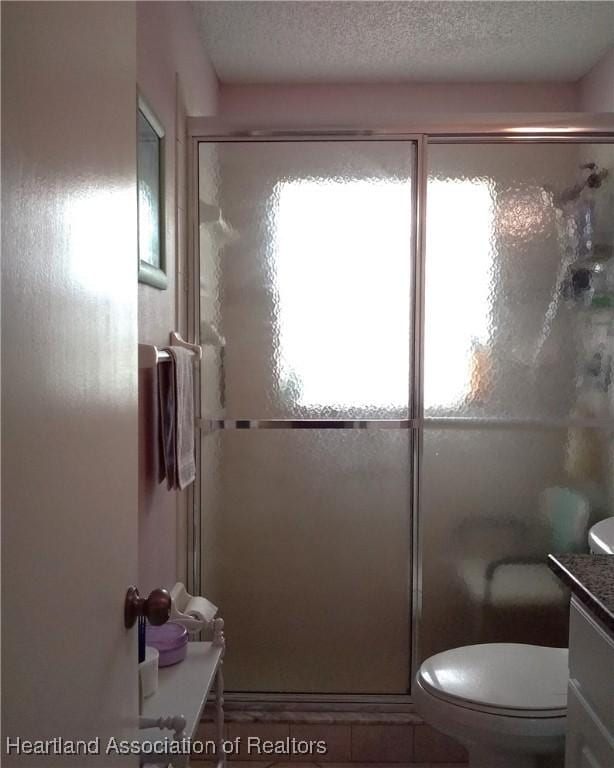 full bathroom with a textured ceiling, a stall shower, vanity, and a wealth of natural light