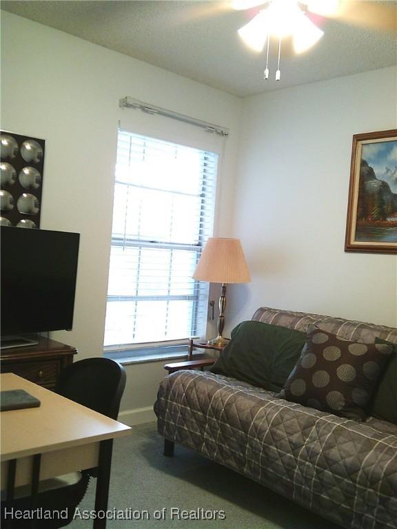 living area featuring carpet flooring and a ceiling fan