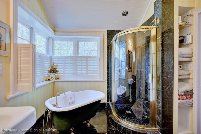 1237 Hotiyee Ave, Sebring, FL 33870 - full bathroom with a freestanding tub, a shower stall, marble finish floors, and vaulted ceiling