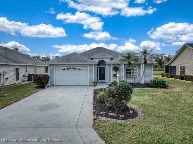 single story home with cooling unit, a garage, and a front lawn