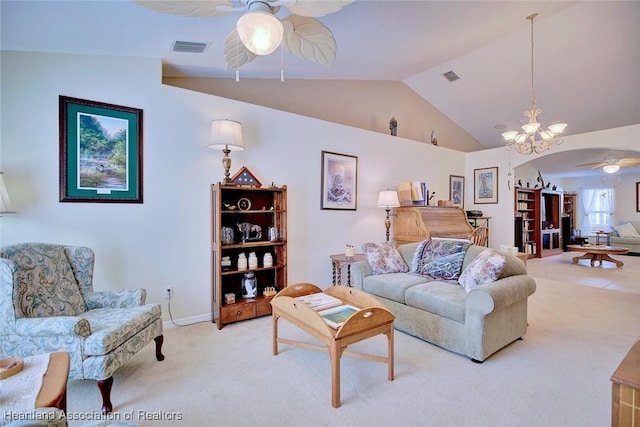 living room featuring carpet, a chandelier, and vaulted ceiling