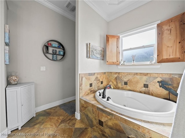 bathroom featuring a relaxing tiled tub and ornamental molding