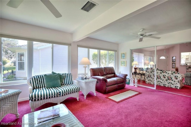 3171 E Pebble Dr, Avon Park, FL 33825 - living area featuring carpet, beamed ceiling, visible vents, and a ceiling fan