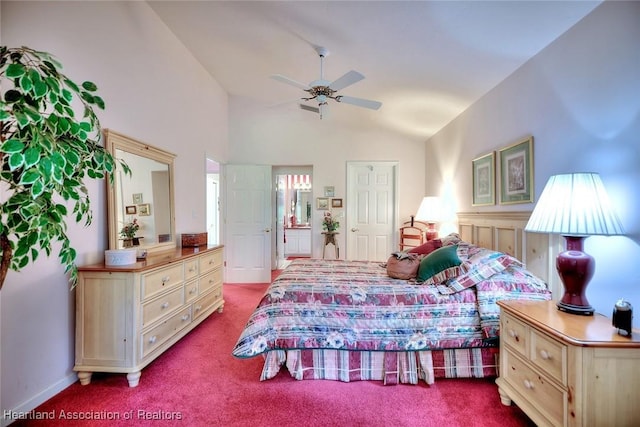 3171 E Pebble Dr, Avon Park, FL 33825 - carpeted bedroom with a ceiling fan, connected bathroom, and vaulted ceiling