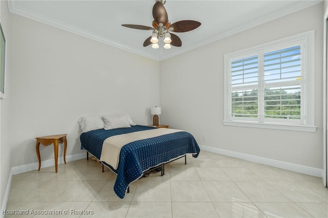 bedroom with ceiling fan, ornamental molding, and light tile patterned flooring