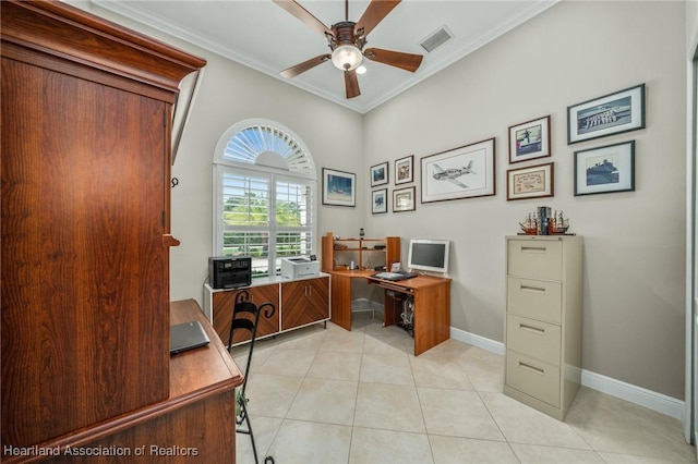 office with ceiling fan, light tile patterned floors, and crown molding