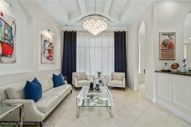 living room with coffered ceiling, crown molding, light tile patterned floors, beam ceiling, and a chandelier