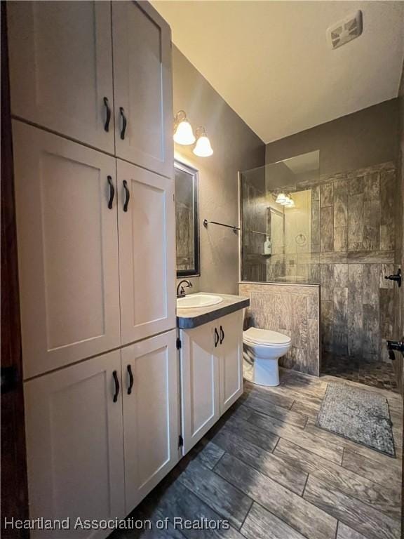 bathroom with a shower, vanity, and toilet