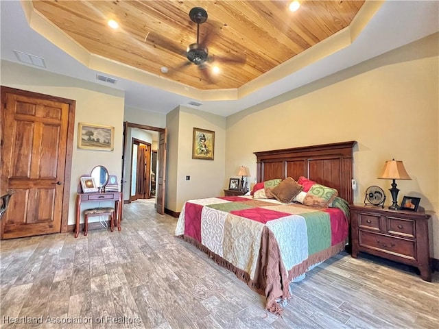 bedroom featuring hardwood / wood-style flooring, ceiling fan, a raised ceiling, and wooden ceiling