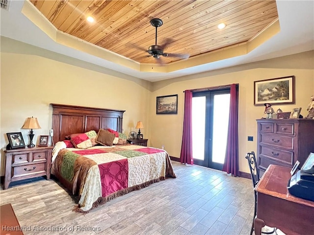 bedroom with french doors, a raised ceiling, ceiling fan, and wooden ceiling