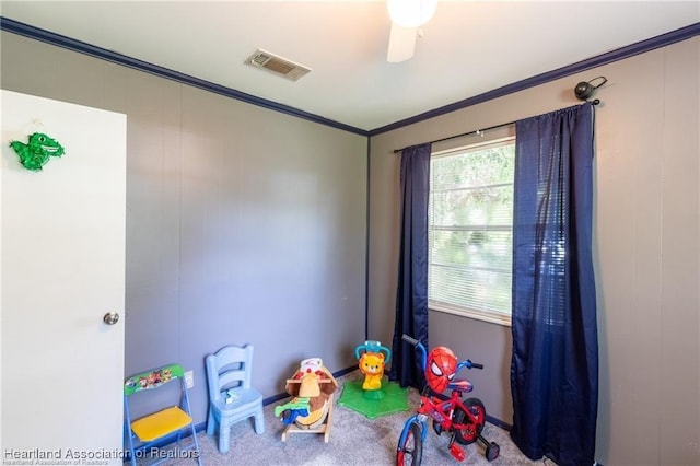 playroom with crown molding and carpet