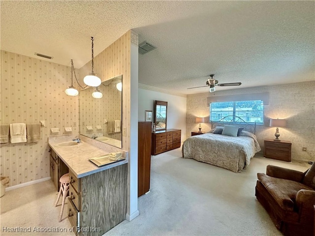 1704 Palm St, Sebring, FL 33870 - bedroom featuring a sink, a textured ceiling, light colored carpet, wallpapered walls, and multiple windows
