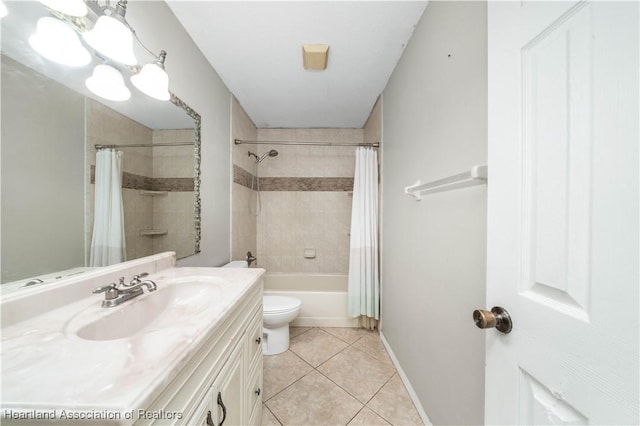 full bathroom featuring tile patterned flooring, shower / bath combination with curtain, toilet, and vanity