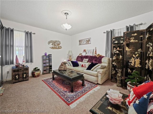 living room with carpet floors and a textured ceiling