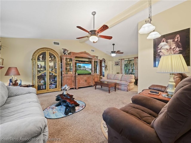 living room featuring a ceiling fan, visible vents, vaulted ceiling, and carpet flooring