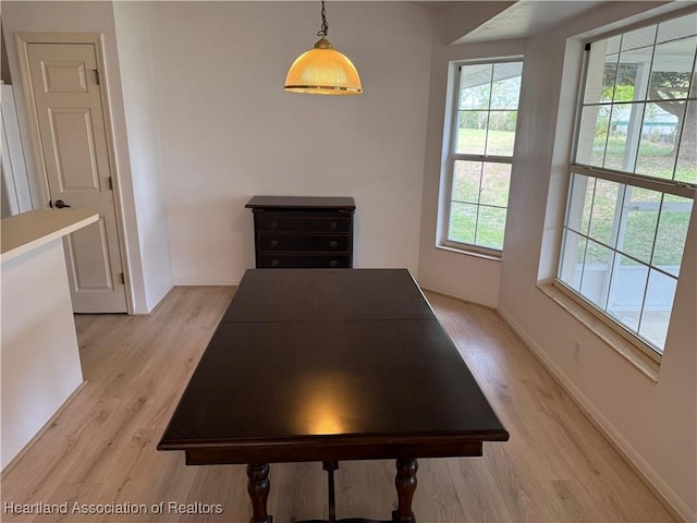 unfurnished dining area featuring baseboards, light wood-style floors, and a healthy amount of sunlight