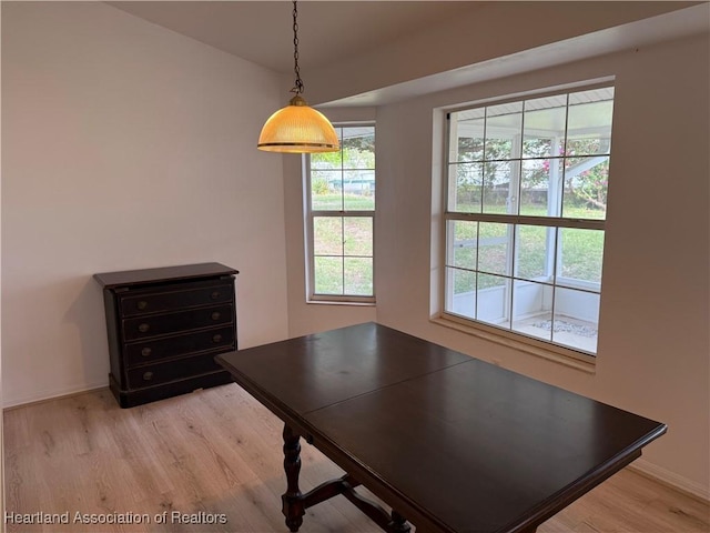 unfurnished dining area with baseboards and light wood-type flooring