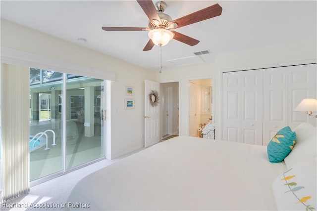 bedroom with a ceiling fan, access to outside, visible vents, and a closet