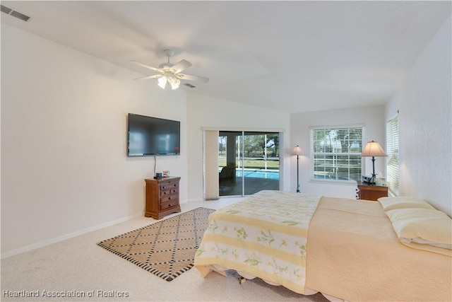 bedroom featuring ceiling fan, carpet flooring, visible vents, baseboards, and access to exterior