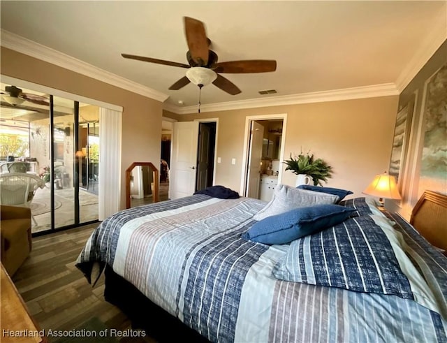 bedroom with dark wood-type flooring, ceiling fan, crown molding, and access to exterior