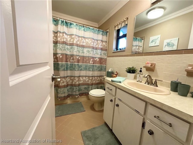 bathroom featuring tile walls, ornamental molding, toilet, tile patterned floors, and vanity