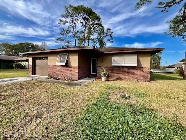 ranch-style home with a garage and a front lawn