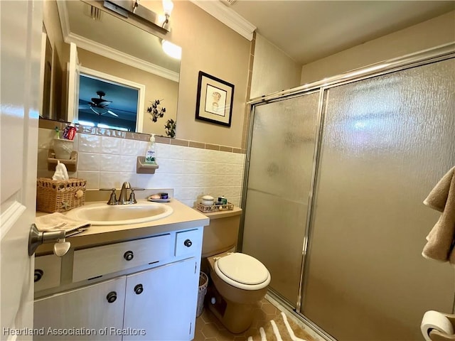 bathroom with vanity, tile walls, ceiling fan, decorative backsplash, and a shower with shower door