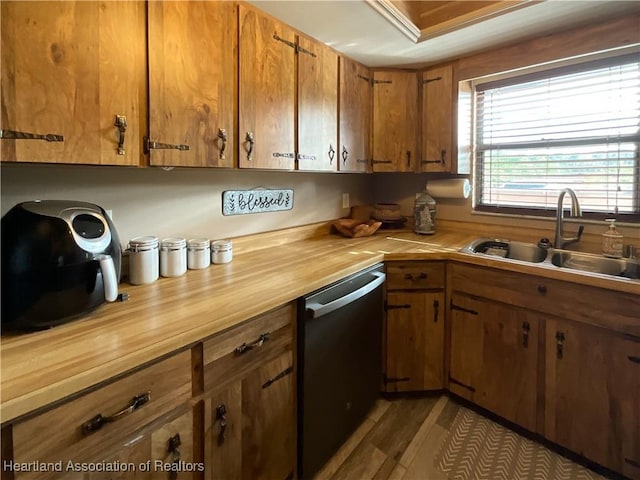 kitchen featuring sink, dark hardwood / wood-style flooring, and dishwashing machine