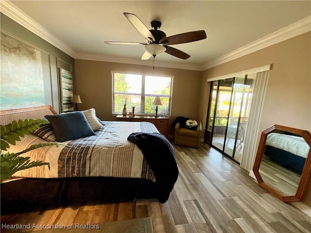 bedroom with access to exterior, ceiling fan, light hardwood / wood-style floors, and crown molding