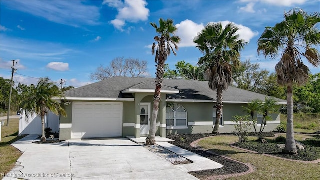 ranch-style house featuring a garage, concrete driveway, roof with shingles, and stucco siding