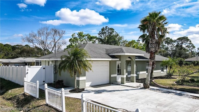 single story home with a fenced front yard, an attached garage, a shingled roof, concrete driveway, and stucco siding