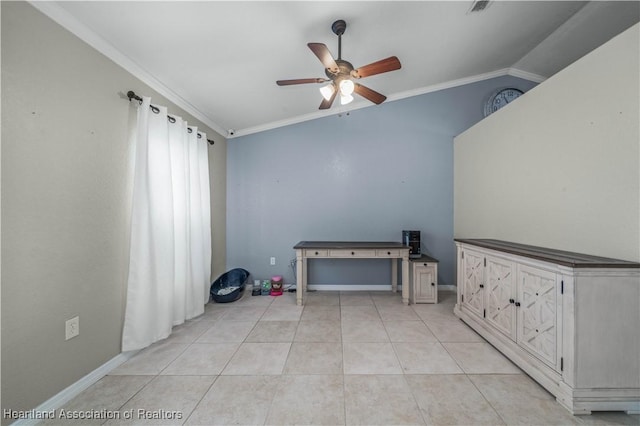 interior space with lofted ceiling, light tile patterned floors, ornamental molding, and a ceiling fan