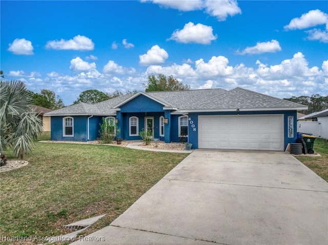 single story home with a garage, driveway, a front lawn, and a shingled roof