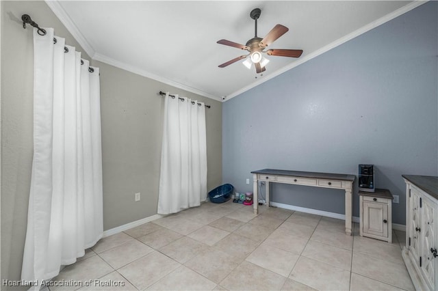 interior space featuring ornamental molding, ceiling fan, baseboards, and light tile patterned floors