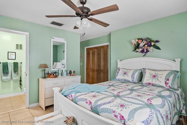 bedroom featuring light tile patterned floors, a closet, and ceiling fan