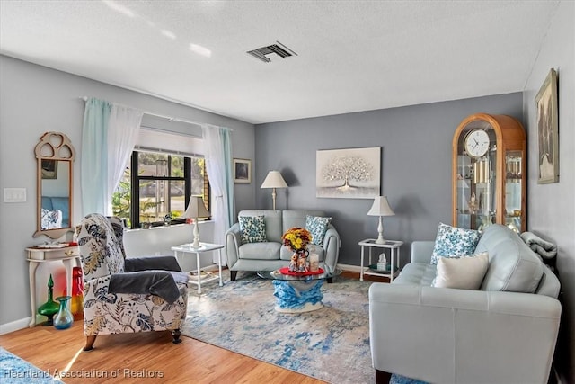 living room featuring hardwood / wood-style floors and a textured ceiling