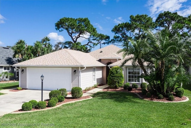 ranch-style house featuring a garage and a front yard