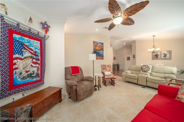 living room featuring ornamental molding, lofted ceiling, and ceiling fan with notable chandelier